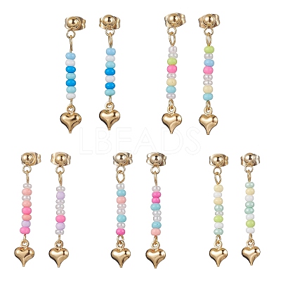 5 Pairs 5 Colors Golden 304 Stainless Steel Heart Dangle Stud Earrings EJEW-JE05538-S-1