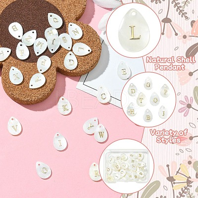 26Pcs 26 Styles Natural Shell Teardrop Charms with Golden Tone Metal Letter Slices SHEL-CJ0001-33-1