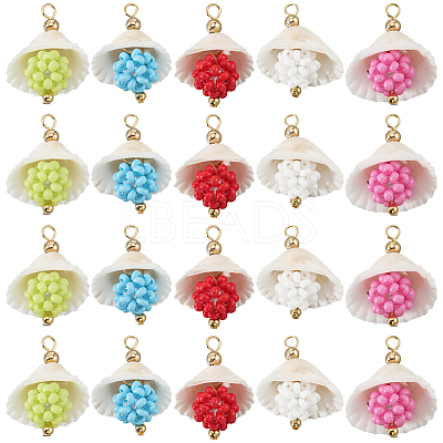 20Pcs 5 Colors Clam Shell & Glass Seed Beaded Pendants FIND-BBC0004-23-1