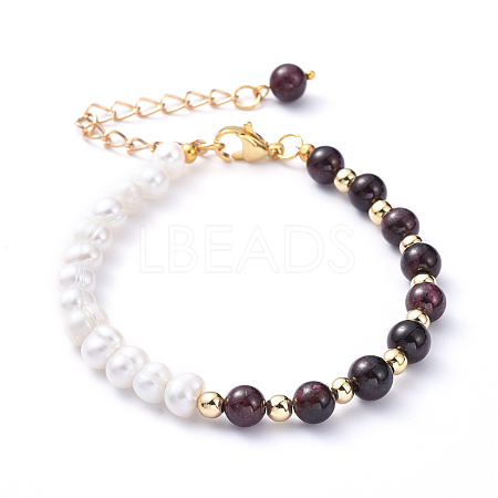 Natural Pearl & Natural Garnet Beaded Bracelets BJEW-JB05153-03-1