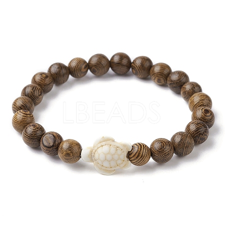 Natural Wood Round & Synthetic Turquoise Turtle Beaded Stretch Bracelet for Women BJEW-JB09700-06-1