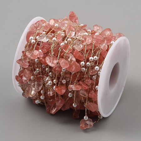 Dyed Light Coral Natural Rose Quartz Nuggets & ABS Plastic Pearl Beaded Chains CHC-CJC0004-01KCG-1