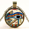 Egyptian Eye of Ra/Re Pattern Flat Round Glass Pendant Necklaces NJEW-N0051-046M-01-1