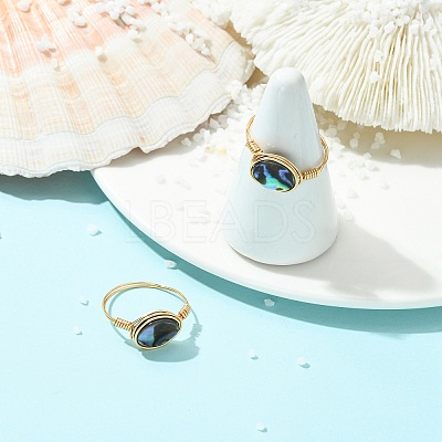 Oval Abalone Shell/Paua Shell Finger Rings RJEW-JR01032-1