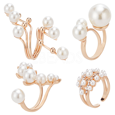 4Pcs 4 Styles Plastic Imitation Pearl Beaded Open Cuff Ring RJEW-AN0001-18-1