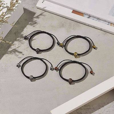 4Pcs 4 Color Synthetic Hematite & Alloy Skull Braided Bead Bracelets Set BJEW-JB09215-1
