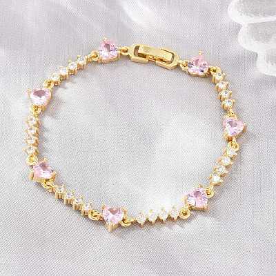 Brass Pave Cubic Zirconia Heart Link Chain Bracelets for Women KK-CBA68DA-10G-02-1
