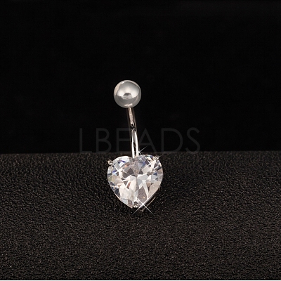 Platinum Plated Body Jewelry Heart Cubic Zirconia Brass Navel Ring Navel Ring Belly Rings AJEW-EE0001-01B-1