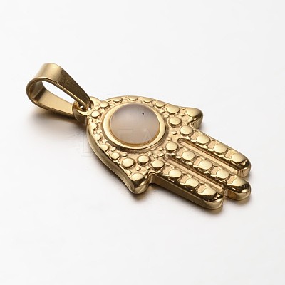 Hamsa Hand/Hand of Fatima/Hand of Miriam 304 Stainless Steel Cat Eye Pendants STAS-P085-11-1