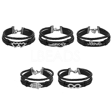 5Pcs 5 Styles Retro Leather Cord Multi-strand Bracelets BJEW-SZ0001-26-1