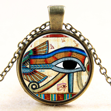 Egyptian Eye of Ra/Re Pattern Flat Round Glass Pendant Necklaces NJEW-N0051-046M-01-1
