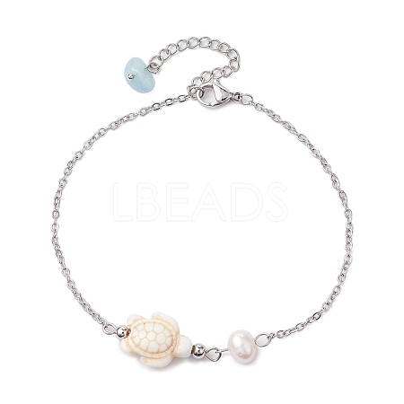 Synthetic Turquoise & Natural Freshwater Pearl Link Anklets AJEW-AN00628-04-1