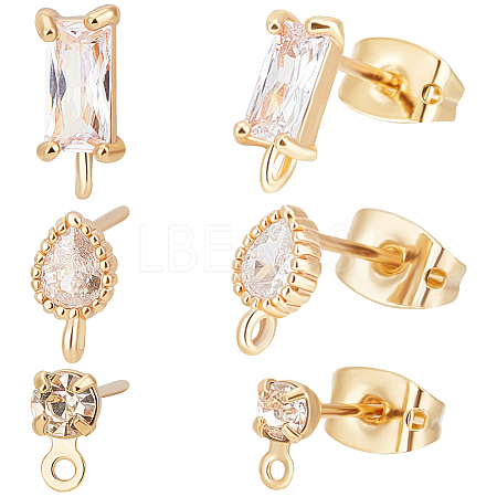 Beebeecraft 30Pcs 3 Style Brass Cubic Zirconia Stud Earring Findings KK-BBC0012-68-1