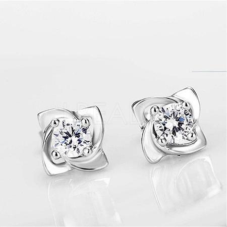 Real Platinum Plated Flower Brass Stud Earrings EJEW-EE0001-229-1