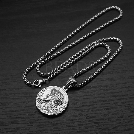 Religion 304 Stainless Steel Embossed Jesus Round Medal Pendant Necklaces for Men WG67465-01-1