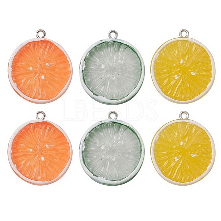 6Pcs 3 Colors Flat Round Resin Fruit Pendants RESI-YW0001-44-1