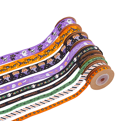 9Pcs 9 Styles Halloween Printed Polyester Grosgrain Ribbon OCOR-WH0085-74-1