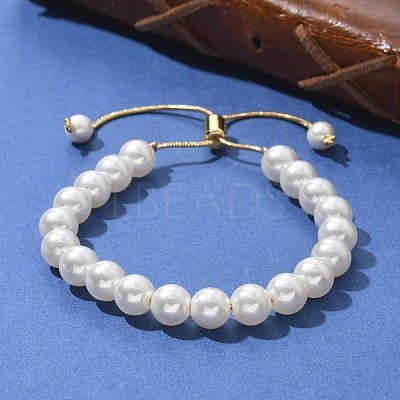 Shell Pearl Beaded Slider Bracelet with Brass Snake Chain BJEW-B066-01B-02-1