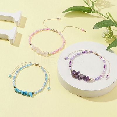 3Pcs 3 Style Natural Mixed Gemstone Chips & Glass Seed Braided Bead Bracelets Sets BJEW-JB09573-1