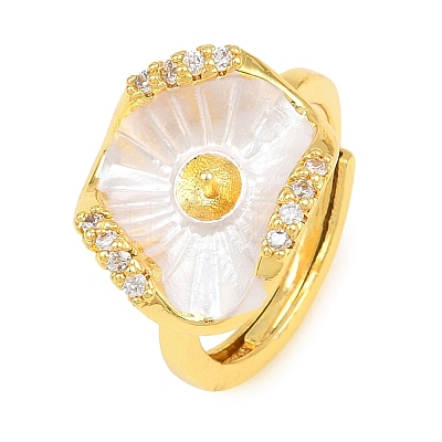 Flower Brass Micro Pave Cubic Zirconia & Enamel Cuff Ring Settings KK-CBAC351-06G-01-1