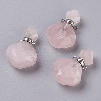 Rhombus Natural Rose Quartz Perfume Bottle Pendants G-H241-01B-P-1