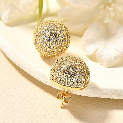 Half Round Brass Micro Pave Clear Cubic Zirconia Stud Earrings EJEW-C126-05G-1