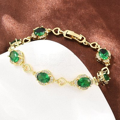 Brass Pave Cubic Zirconia Heart Flower Link Chain Bracelets for Women KK-CBA68DA-13G-04-1
