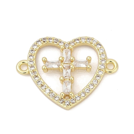 Brass Clear Cubic Zirconia Cross Heart Connector Charms KK-D317-147G-1