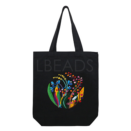 DIY Flower Pattern Black Canvas Tote Bag Embroidery Kit PW23050608174-1