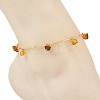 Natural Amber Chip Tassel Brass Bar Link Chain Anklets for Women AJEW-AN00889-2