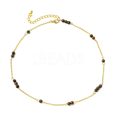 5MM Round Natural Mixed Stone Beads Brass Cable Chain Necklaces for Women NJEW-JN06378-1