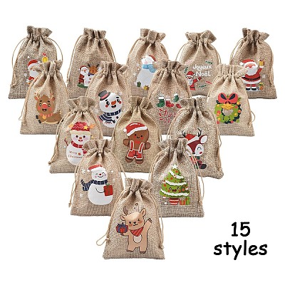 30Pcs 15 Styles Christmas Printed Jute Cloth Storage Pouches ABAG-YW0001-10-1