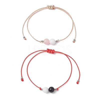 2Pcs Natural Rose Quartz & Eyeless Obsidian 
& Malaysia Jade Beads with Korean Waxed Polyester Cord Bracelets BJEW-JB12887-1