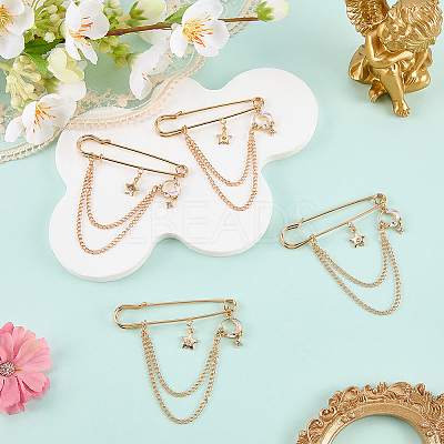4Pcs Moon & Star Alloy Rhinestone Hanging Chain Brooch JEWB-FG0001-84B-1