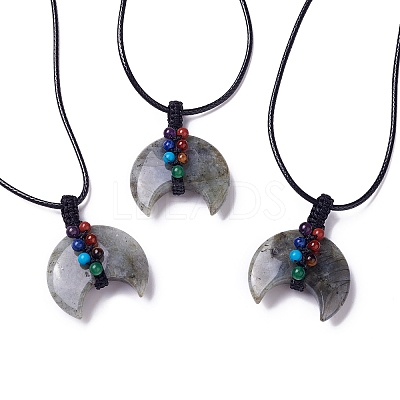 Adjustable Natural & Synthetic Mixed Gemstone Double Horn Pendant Necklace with Wax Cord for Women NJEW-B086-01-1