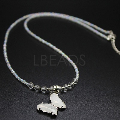 Natural Quartz Crystal Alloy Butterfly Pendant Glass Seed Beaded Necklaces for Women TG9550-4-1