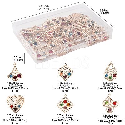 30Pcs 6 Styles Iron & Glass Pendants IFIN-FS0001-52-1