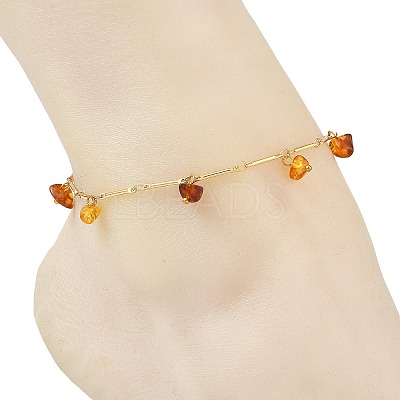 Natural Amber Chip Tassel Brass Bar Link Chain Anklets for Women AJEW-AN00889-1