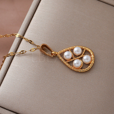 Vintage European 304 Stainless Steel & Imitation Pearl Teardrop Pendant Necklaces for Women NU2800-1