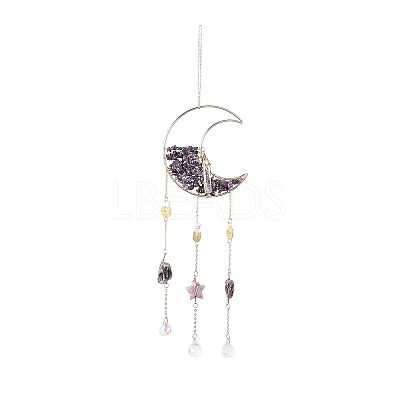 Natural Amethyst Chips Beaded Moon Hanging Sun Catchers HJEW-M004-02-1
