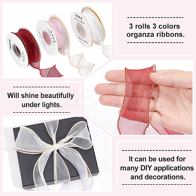 3 Rolls 3 Colors Organza Ribbons SRIB-FG0001-15-1