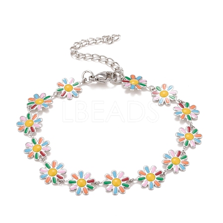 Enamel Daisy Link Chains Bracelet BJEW-P271-01P-02-1