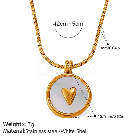 304 Stainless Steel with Natural White Shell Flat Round with Heart Pendant Necklaces for Women WG2F9FE-06-1