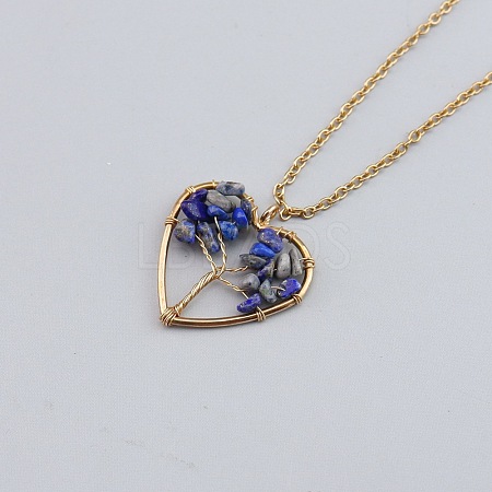 Natural Lapis Lazuli Chip Beaded Tree of Life Alloy Heart Pendant Necklaces WG026CB-02-1