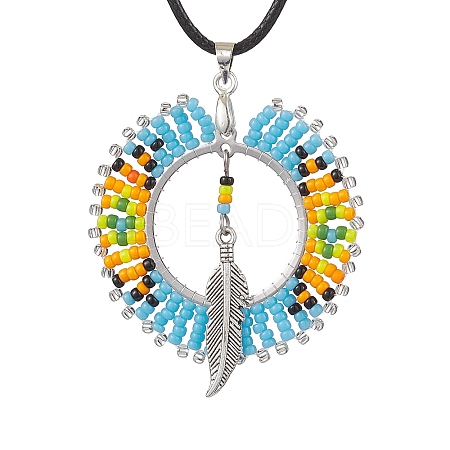 Boho Style Glass Seed Beads & Feather Alloy Pendant Necklaces NJEW-MZ00041-1