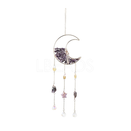 Natural Amethyst Chips Beaded Moon Hanging Sun Catchers HJEW-M004-02-1