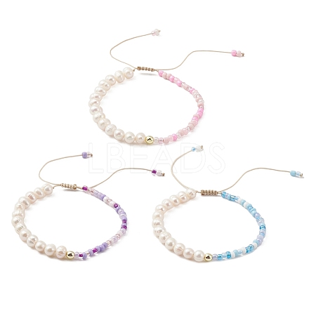 3Pcs 3 Color Glass Seed & Natural Pearl Braided Bead Bracelets Set BJEW-JB09572-1