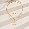 201 Stainless Steel Rhinestones Double-layer Cross Pendant Necklace & Stud Earrings Set for Women LY3624-5