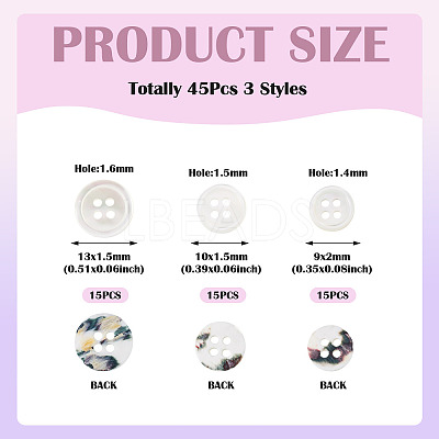 45Pcs 3 Styles 4-Holes Shell Buttons BUTT-TA0001-28-1