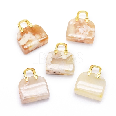 Natural Cherry Blossom Agate Brass Pendants KK-E274-01G-03-1